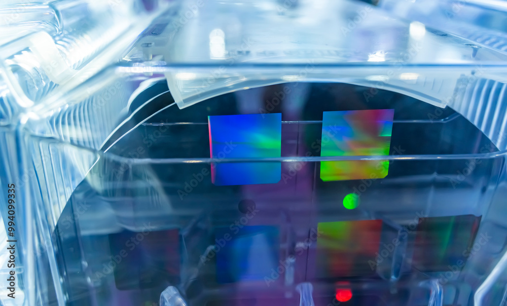 Fototapeta premium Silicon Wafer Under Cleanroom Fabrication in plastic holder box