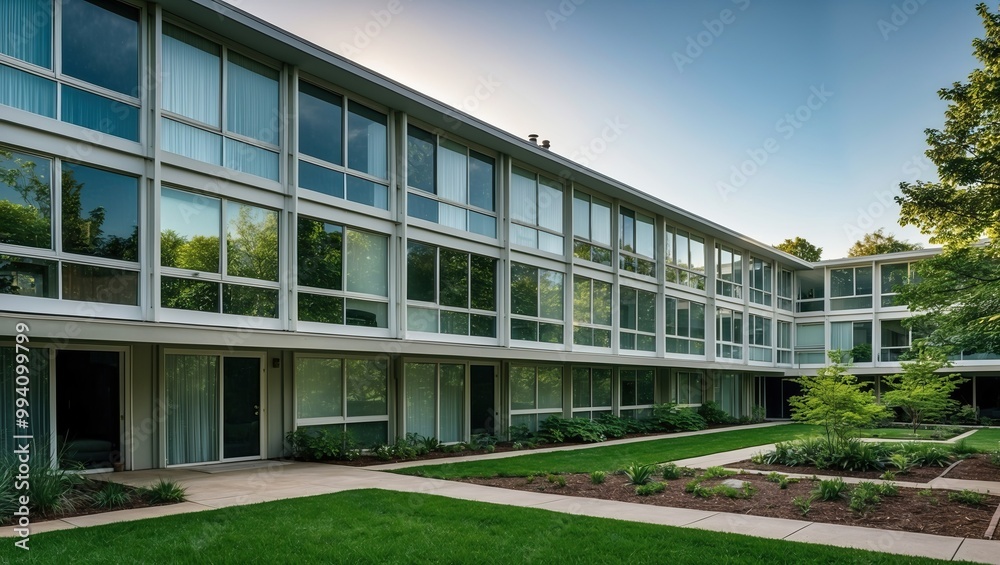 Modern building with glass facade surrounded by greenery, featuring a tranquil courtyard, emphasizing contemporary architectural design and peaceful living. Modern building with glass facade surrounded by greenery, featuring a tranquil courtyard, emphasizing contemporary architectural design and peaceful living.