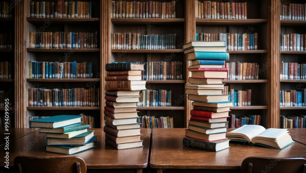 Stacks of books on wooden desks in a cozy library setting, showcasing a warm atmosphere ideal for study, research, and literature appreciation. Stacks of books on wooden desks in a cozy library setting, showcasing a warm atmosphere ideal for study, research, and literature appreciation.