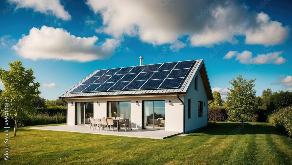 Modern house with solar panels, surrounded by lush greenery and blue skies, showcasing sustainable living and energy efficiency concepts. Modern house with solar panels, surrounded by lush greenery and blue skies, showcasing sustainable living and energy efficiency concepts.