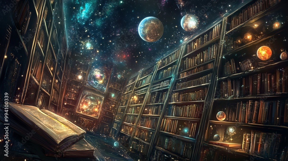 Fantasy Cosmic Library with Planets and Stars Among Bookshelves, Surreal Dreamlike Scene, Books, Space Exploration, Generated AI Fantasy Cosmic Library with Planets and Stars Among Bookshelves, Surreal Dreamlike Scene, Books, Space Exploration, Generated AI