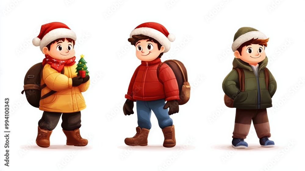 Three cheerful children in winter outfits, wearing Santa hats, one holding a small Christmas tree. Three cheerful children in winter outfits, wearing Santa hats, one holding a small Christmas tree.