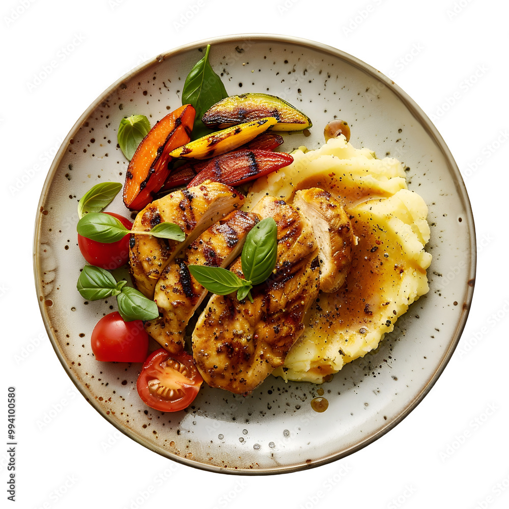 Grilled chicken breast with mashed potatoes, roasted vegetables, and basil, isolated on transparent background, ideal for hearty dinner menus Grilled chicken breast with mashed potatoes, roasted vegetables, and basil, isolated on transparent background, ideal for hearty dinner menus