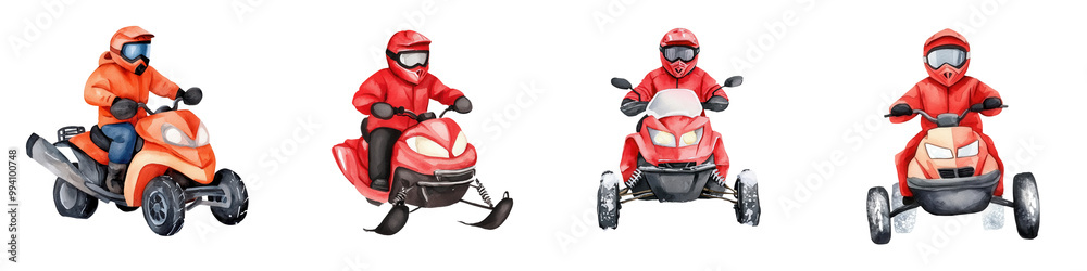 Four different illustrations of delivery riders on scooters, wearing red jackets, isolated on white background. transparent background Four different illustrations of delivery riders on scooters, wearing red jackets, isolated on white background. transparent background