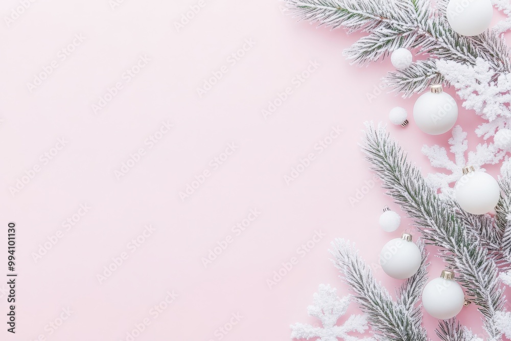 Elegant Frosted Pine Branches and Baubles on Pink Background Mockup Elegant Frosted Pine Branches and Baubles on Pink Background Mockup