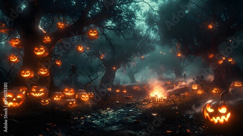 Halloween night, a group of teens telling ghost stories around a campfire, pumpkins glowing, skeletons hanging from trees, ghost decorations floating nearby, firelight casting eerie shadows,