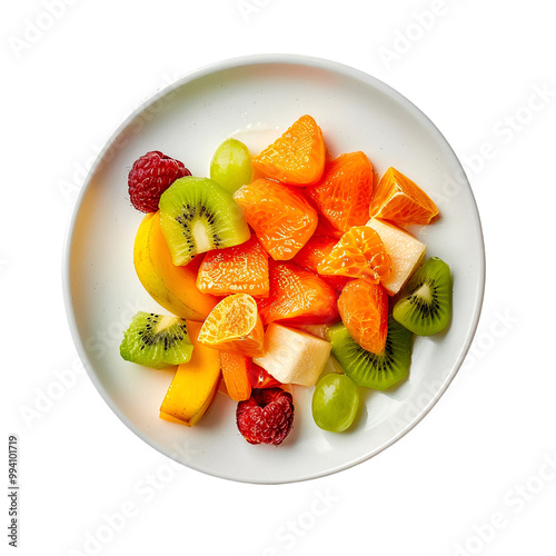 Colorful fruit salad with mandarin, kiwi, raspberries, grapes, and banana, isolated on transparent background, ideal for summer menus and healthy desserts photo