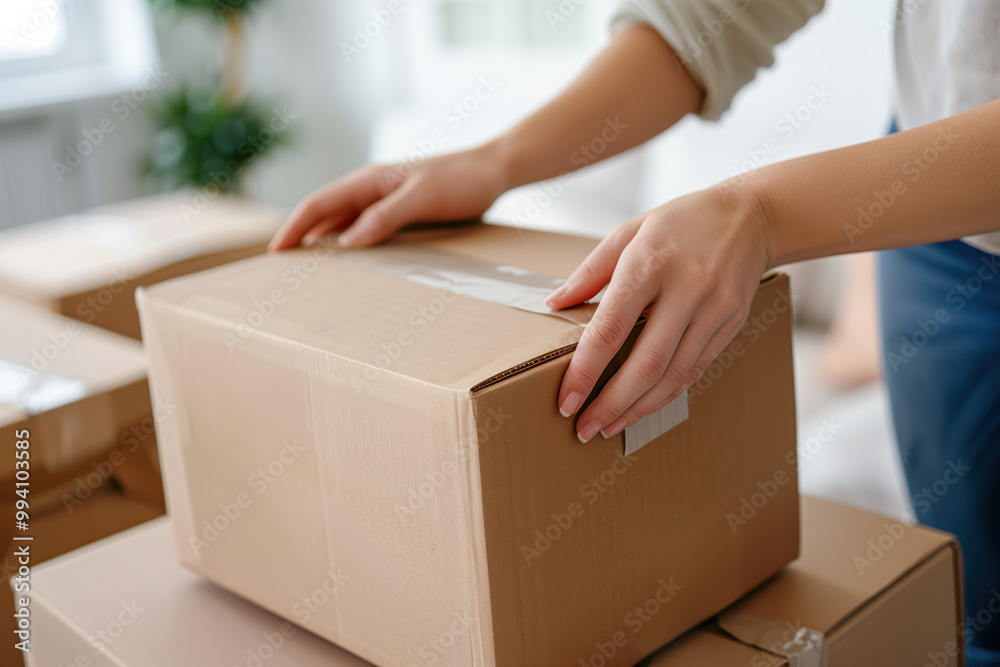 Person taping a cardboard box while organizing or preparing for a move, with neatly stacked boxes in the background, focusing on the process of packing and relocation Person taping a cardboard box while organizing or preparing for a move, with neatly stacked boxes in the background, focusing on the process of packing and relocation