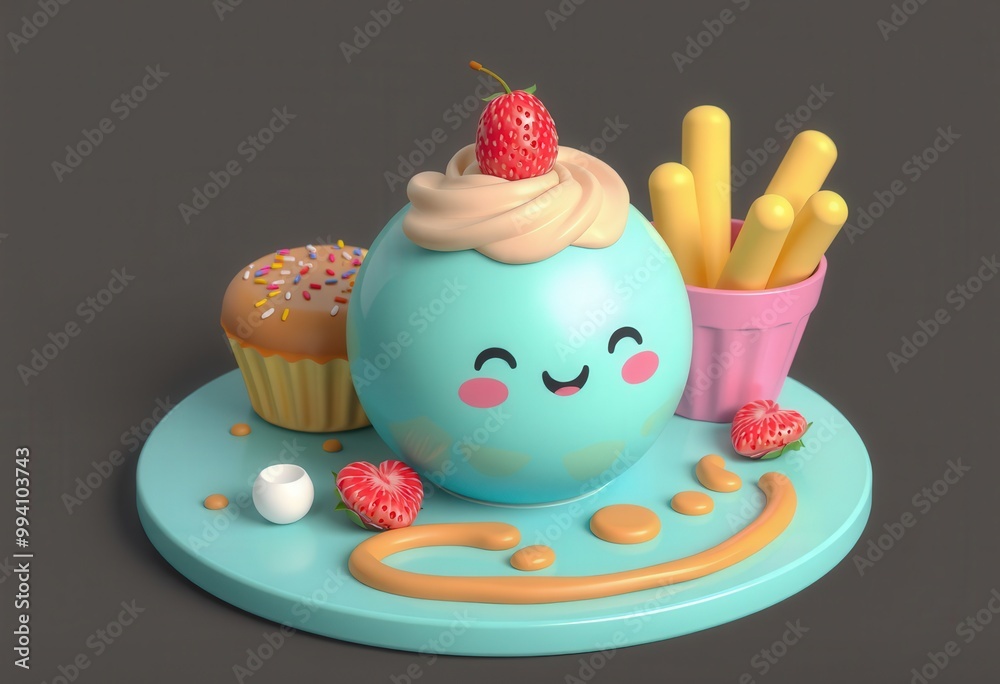 Cute cartoon cupcake and fries with happy face. Cute cartoon cupcake and fries with happy face.