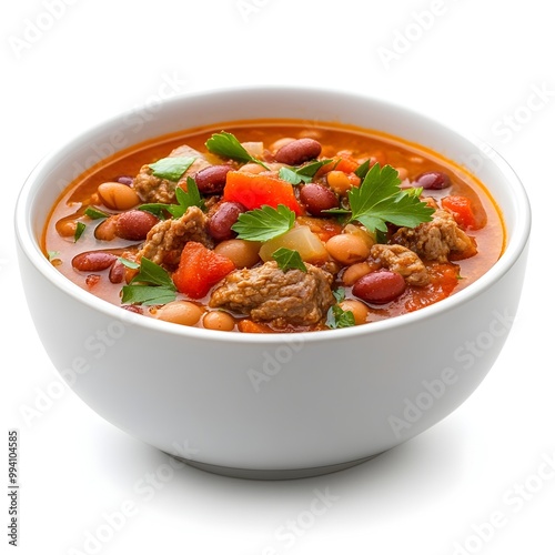 Hearty and Flavorful Beef and Bean Chili Dish Isolated on Clean and Bright White Background Perfect for Die Cut or Studio Lighting Photography