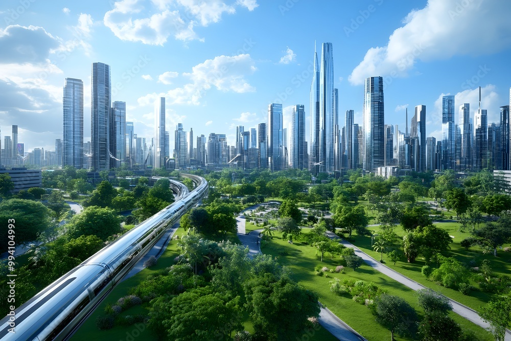 Fototapeta premium Stunning cinematic vision of a sleek futuristic city powered by renewable solar and wind energy with gleaming chrome and glass skyscrapers elevated monorails