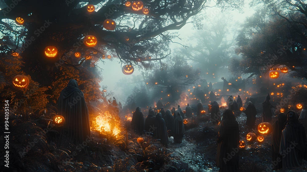 Fototapeta premium Teens gathered around a Halloween-themed campfire, surrounded by eerie decorations like jack-o'-lanterns, skeletons, and floating ghost figures, firelight creating eerie shadows,