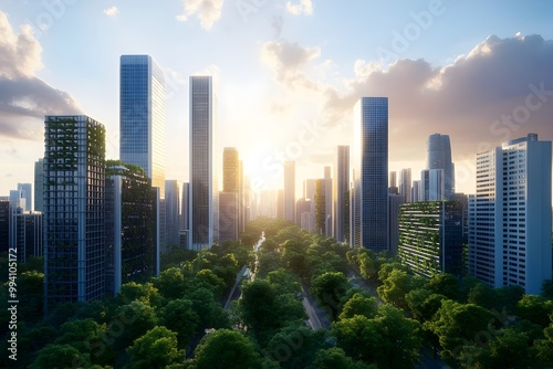 Sustainable Futuristic City with Renewable Energy Sources and Verdant Urban Green Spaces Sleek High Rise Buildings Covered in Photovoltaic Cells photo