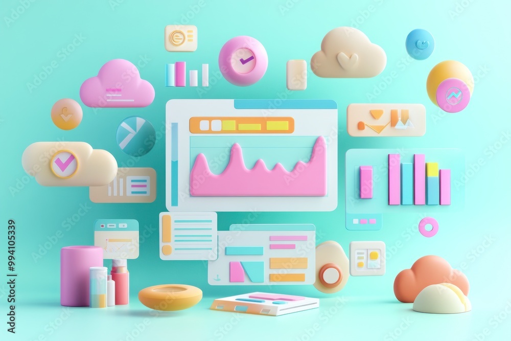 Colorful 3D graphics representing data analysis and digital metrics. Colorful 3D graphics representing data analysis and digital metrics.