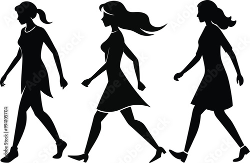 A set of young womans walking silhouette vector art, females walking illustration, ladies silhouette design with no background