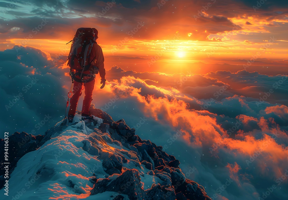 Fototapeta premium Friends Climbing a Cliff at Sunrise - Dramatic Sky and Clouds on a Mountain Adventure. Generative AI.