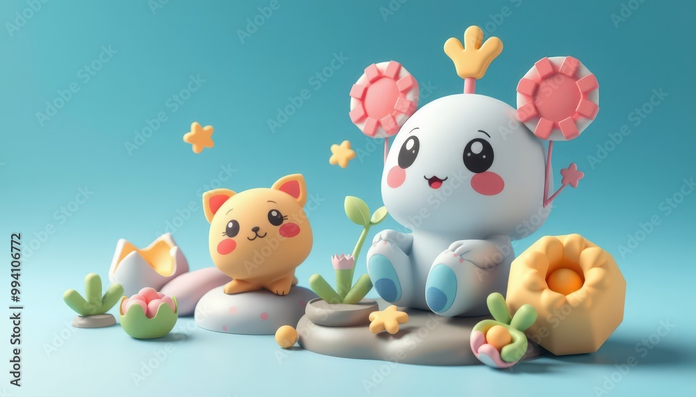 Cute cartoon mouse and cat characters on a blue background.