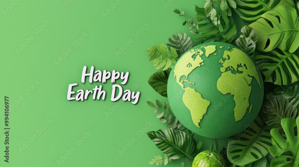 english text happy earth day beside a small 3d planet earth in green color with plants, environment theme english text happy earth day beside a small 3d planet earth in green color with plants, environment theme