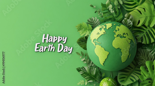 english text happy earth day beside a small 3d planet earth in green color with plants, environment theme photo