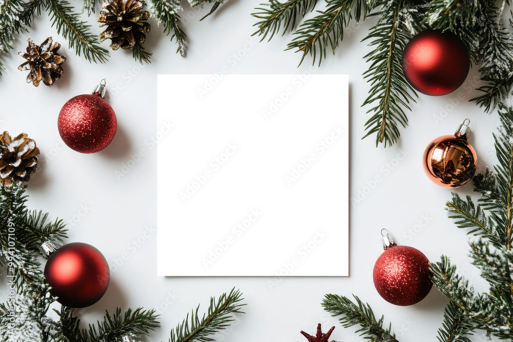 A festive arrangement featuring red ornaments and pine branches surrounding a blank square, perfect for a holiday design or greeting. A festive arrangement featuring red ornaments and pine branches surrounding a blank square, perfect for a holiday design or greeting.