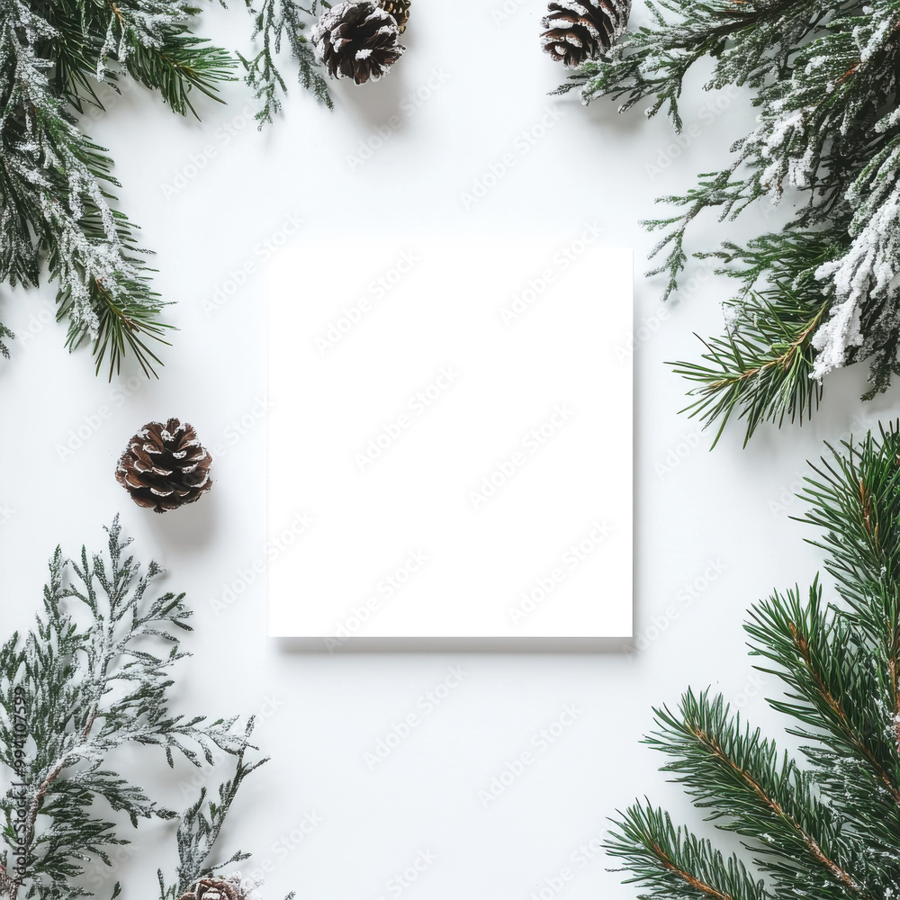 Fototapeta premium A minimalist design featuring a square surrounded by evergreen branches and pine cones, creating a festive winter atmosphere.