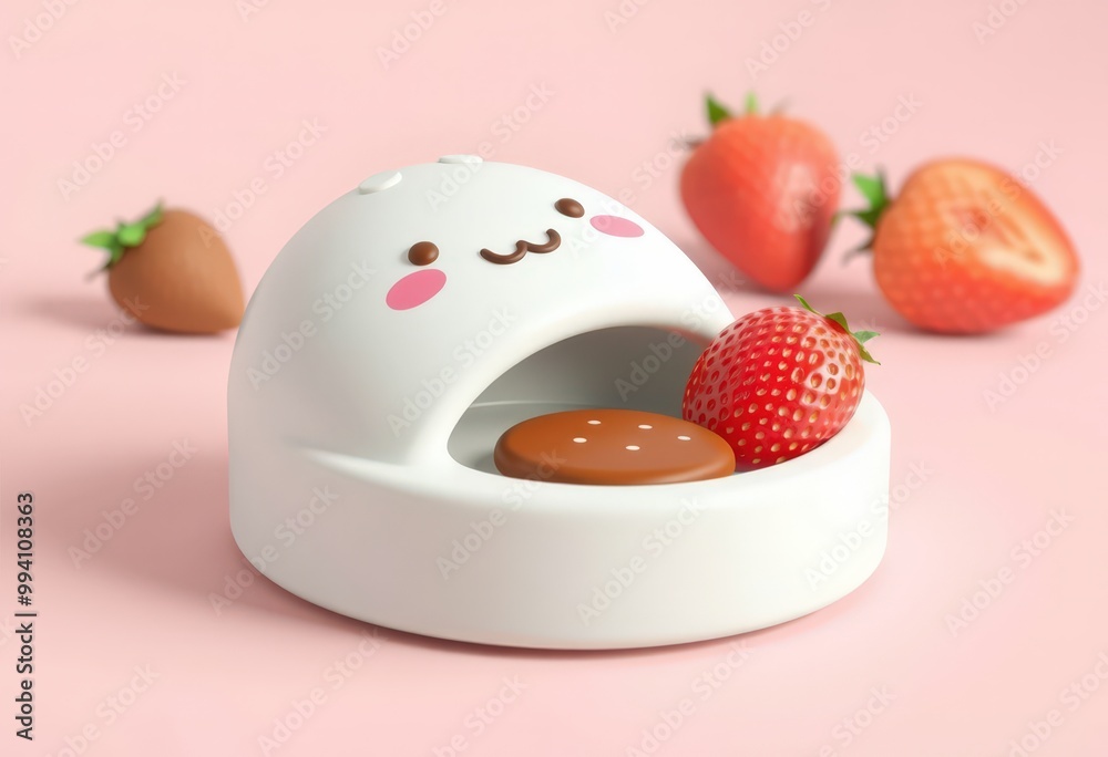 Cute white bowl with strawberries and chocolate on pink background. Cute white bowl with strawberries and chocolate on pink background.