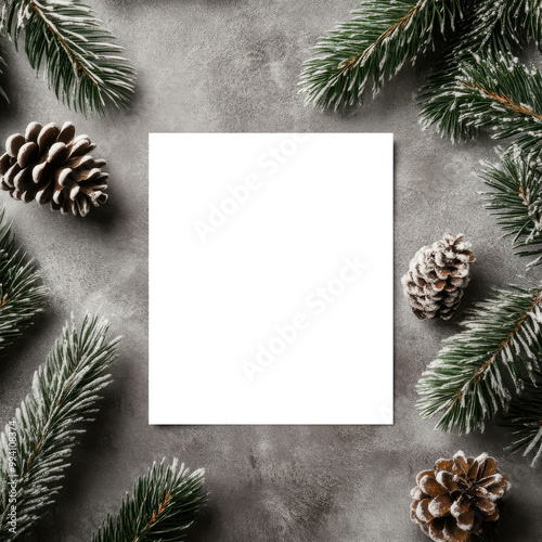 A dark placeholder surrounded by pine branches and pinecones on a textured surface, creating a rustic, festive vibe.