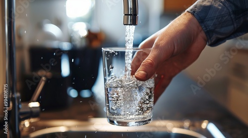 Close-Up of Hand Filling Glass with Water from Kitchen Faucet, Fresh Drinking Water, Clean Water Supply, Hydration, Tap Water, Home Kitchen Sink, Eco-Friendly, Generated AI