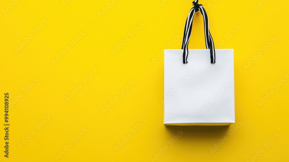White shopping bag on vibrant yellow background White shopping bag on vibrant yellow background