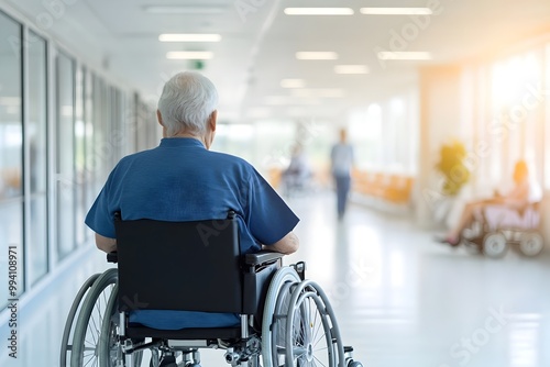 Elderly patients confidently navigating a well lit modern hospital corridor in their motorized wheelchairs their faces exuding a sense of independence and dignity as they move about the space photo