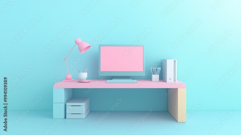 Stylish modern desk with pastel colors, a computer, lamp, and decorative items against a tranquil blue background. Stylish modern desk with pastel colors, a computer, lamp, and decorative items against a tranquil blue background.