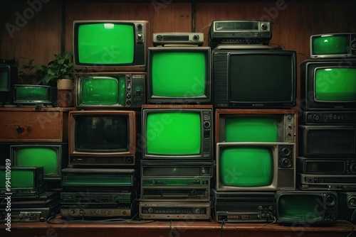 vintage TV green screen old electronics stack static
