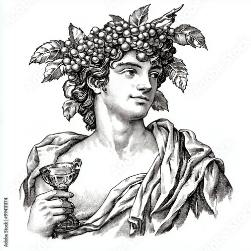 Classical mythological figure adorned with a grapevine wreath and holding a goblet, symbolizing wine and festivity