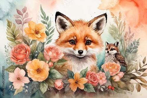 watercolor set of forest cartoon isolated cute baby fox