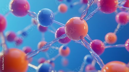 This close-up shows a molecular structure with colorful atoms and spiraling electrons on a blue background.