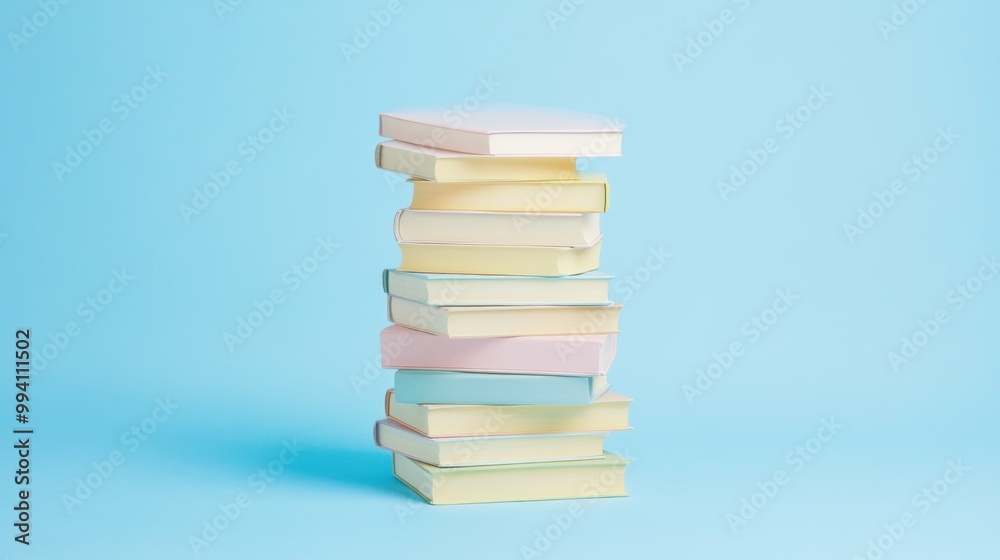 Pastel book stack on blue background Pastel book stack on blue background