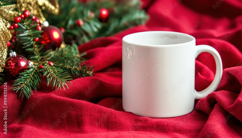 Christmas Mug Mockup with Ornaments and Festive Pine Branches on Red Fabric Christmas Mug Mockup with Ornaments and Festive Pine Branches on Red Fabric