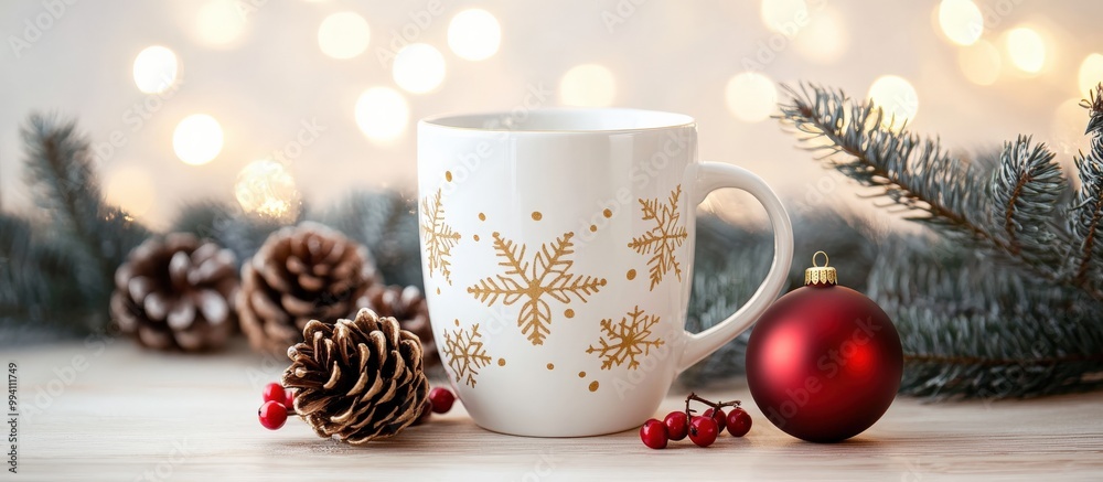 Fototapeta premium White Mug with Golden Snowflakes Mockup on Festive Holiday Table