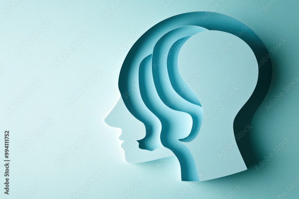 Multilayered paper cutout human profiles on teal background Multilayered paper cutout human profiles on teal background