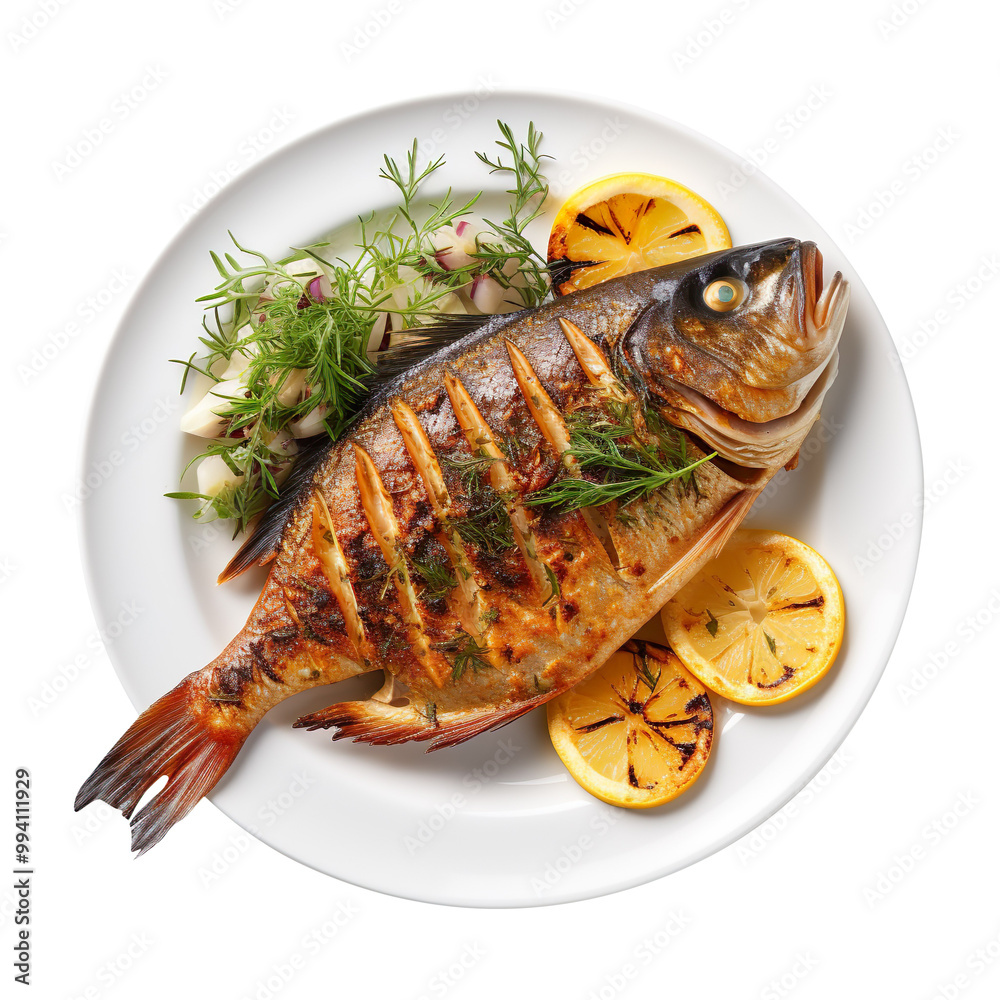 Grilled fish on a plate isolated on transparent background Grilled fish on a plate isolated on transparent background