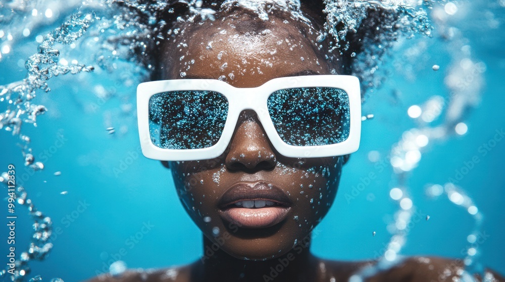 Fototapeta premium Glasses-wearing submerged person amidst splashing water