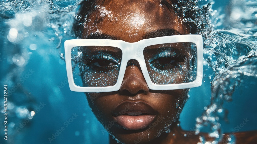 Fototapeta premium Person with white headphones underwater, water splashes.
