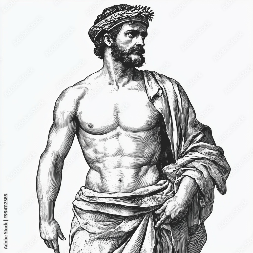 Obraz premium Classical black and white illustration of a Roman warrior wearing a laurel wreath and draped garment