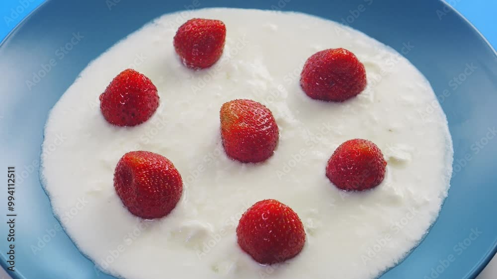 Fresh juicy strawberries in cream on a blue plate on a blue background rotating in a circle. Medium shot. Fresh juicy strawberries in cream on a blue plate on a blue background rotating in a circle. Medium shot.