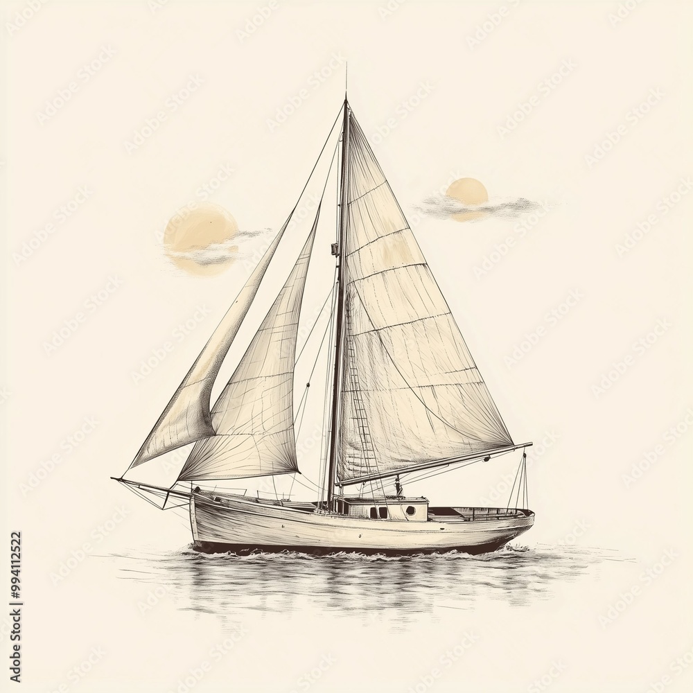 Fototapeta premium Hand drawn illustration of a sailboat with full sails on calm waters at sunset in a vintage style