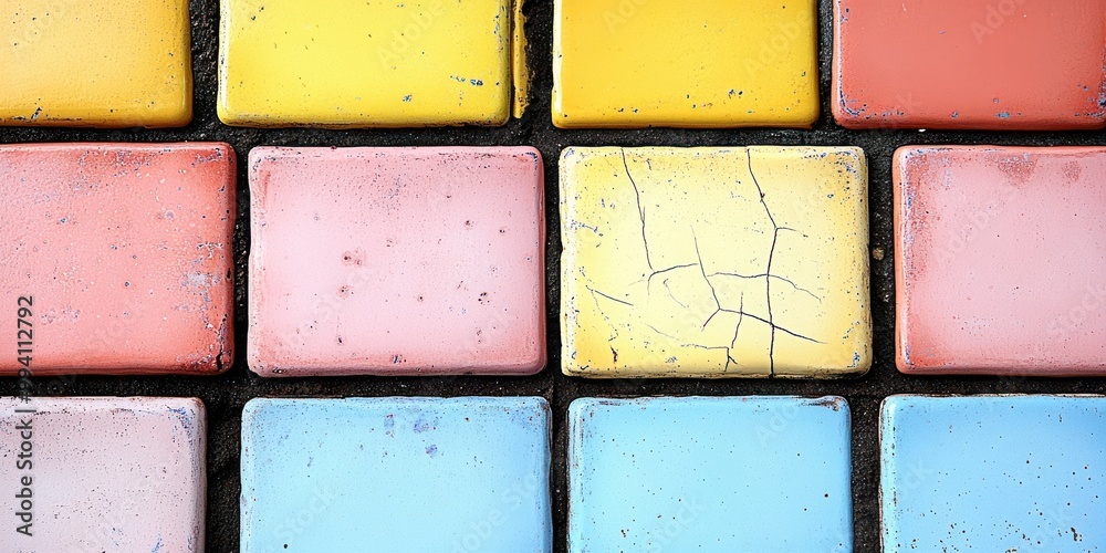 A Colorful Mosaic of Square Tiles with Faded Hues and Subtle Cracks A Colorful Mosaic of Square Tiles with Faded Hues and Subtle Cracks