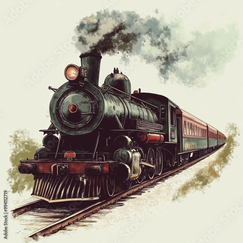 Vintage steam locomotive in motion with billowing smoke traveling on railway tracks in a retro style illustration