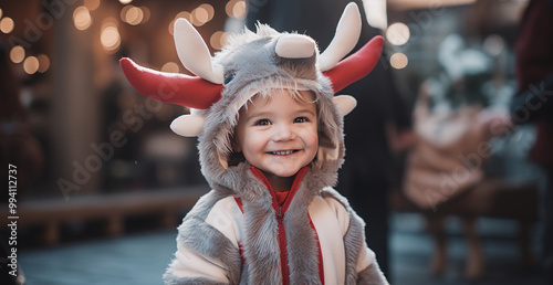 little child in reindeer costume against christmas lights in home interior
