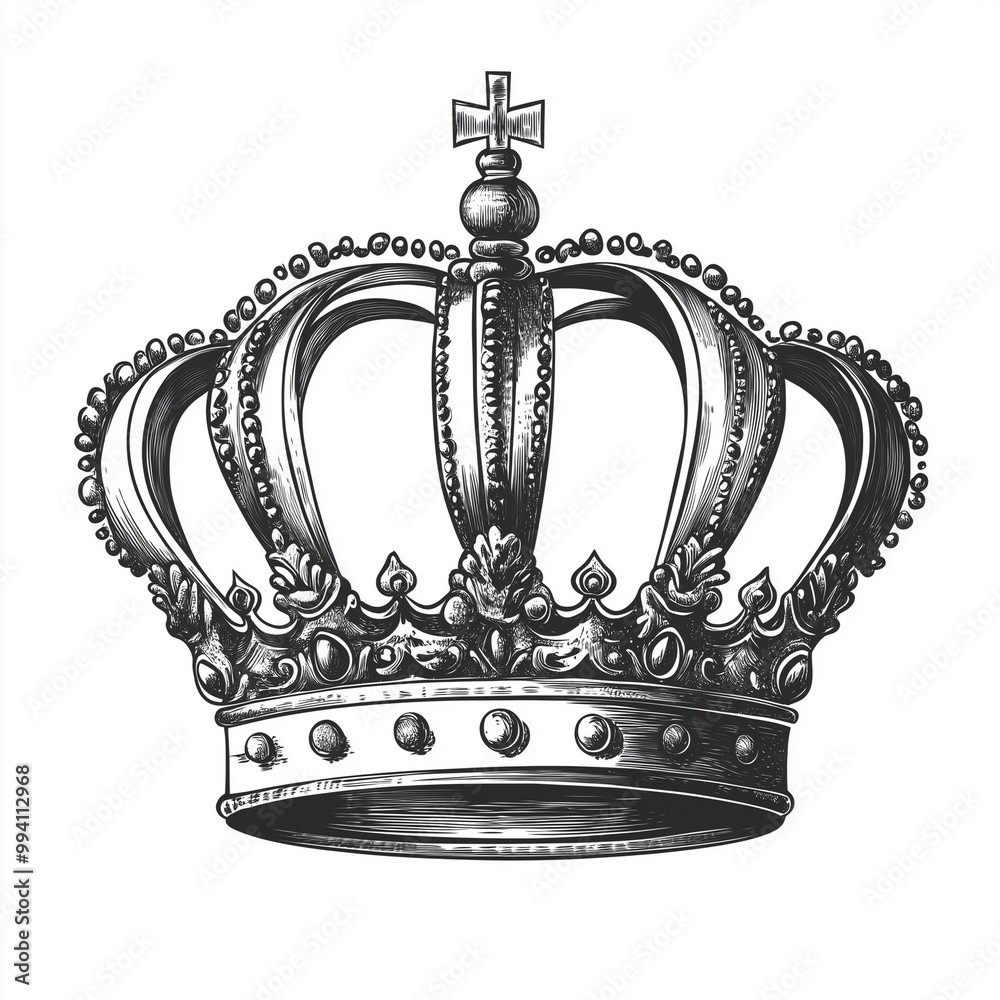 Black and white hand drawn illustration of an ornate royal crown with detailed embellishments and cross accent Black and white hand drawn illustration of an ornate royal crown with detailed embellishments and cross accent