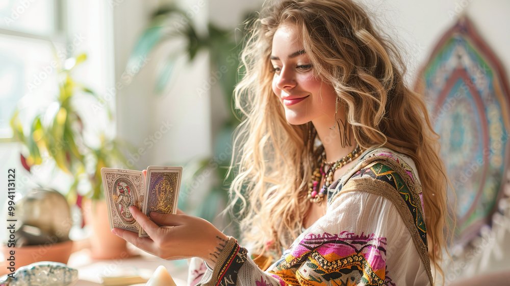 Obraz premium cute young woman plays solitaire tarot cards.